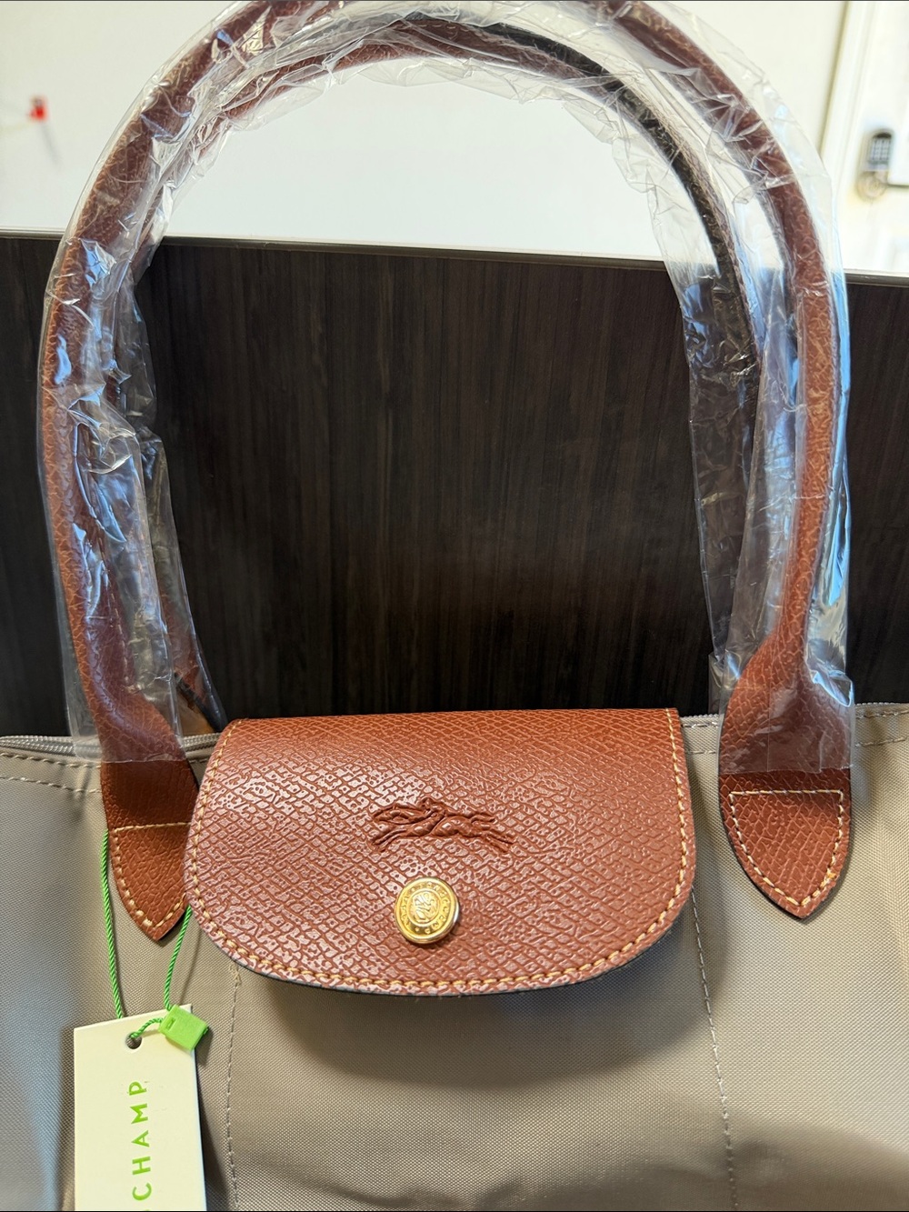 Longchamp Medium Le Pliage Classic Tote Bag in Taupe with Brown Trim - Picture 4 of 6